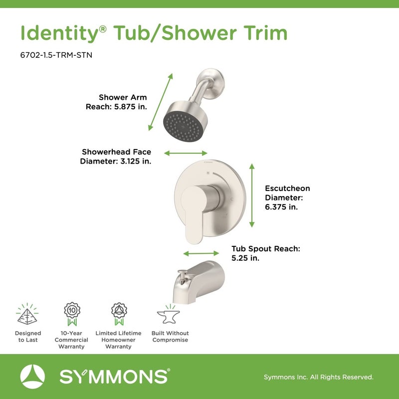 Symmons 6702-1.5-TRM-STN Identity Single Handle 1-Spray Tub and Shower Faucet Trim in Satin Nickel - 1.5 GPM (Valve Not Included) - Image 2